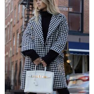 ZARA Womens Gingham Plaid Oversized Car Coat Size S Black and White